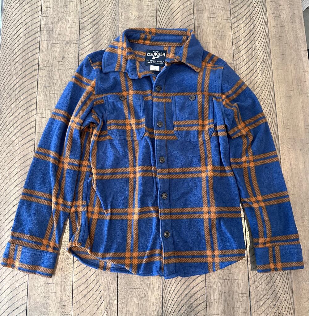 OshKosh B'gosh Boys Long Sleeve Button-Down Shirt Sz 10 Blue Orange Plaid Fleece